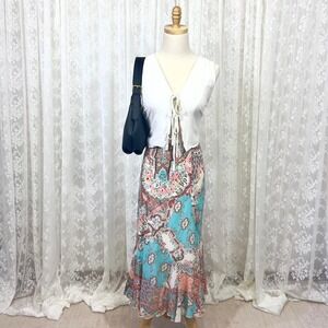 Y2K Cato Euro Summer Teal Peachy Paisley Maxi‎ Skirt Women's Medium Boho Gypsy